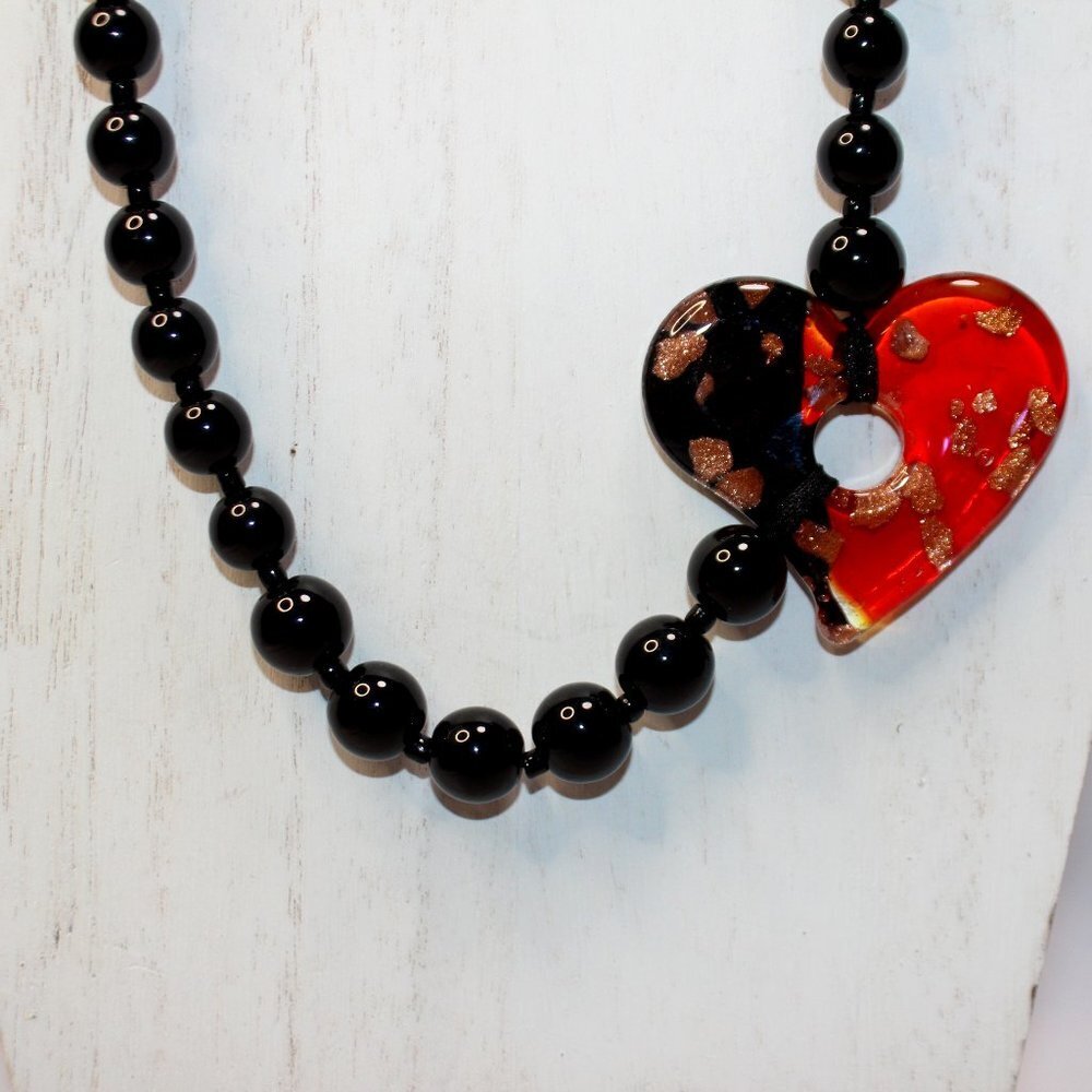 Glass Heart and Black Bead Statement Necklace